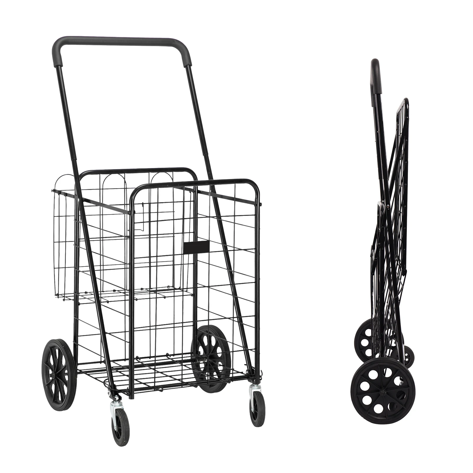 

Grocery Utility Shopping Folding Cart with Double Basket and 360° Rolling Swivel Wheels Light Weight Trolley with Handle Bar