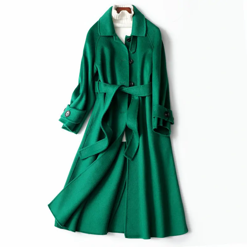 100% Wool double-sided cashmere overcoat women's long Korean 2019 new turn-down collar green wool overcoat pure hand sashes belt
100% Wool double-sided cashmere overcoat women's long Korean 2019 new turn-down collar green wool overcoat pure hand sashes belt