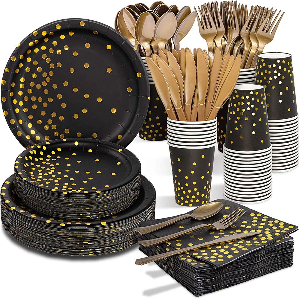 Black Gold Disposable Party Tableware Set Banner Paper Plates Cups Napkins Gold Plastic Forks Birthday Party Wedding Decorations
Black Gold Disposable Party Tableware Set Banner Paper Plates Cups Napkins Gold Plastic Forks Birthday Party Wedding Decorations
