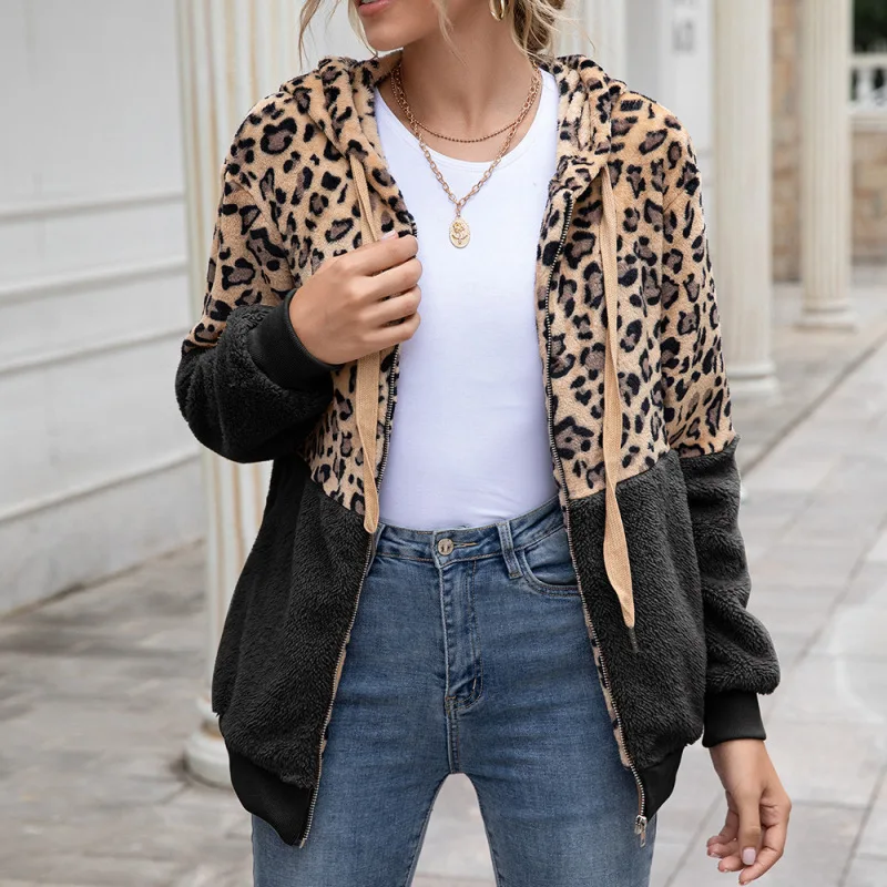 European and American Women's Leopard Print Stitching New Winter Jacket Top