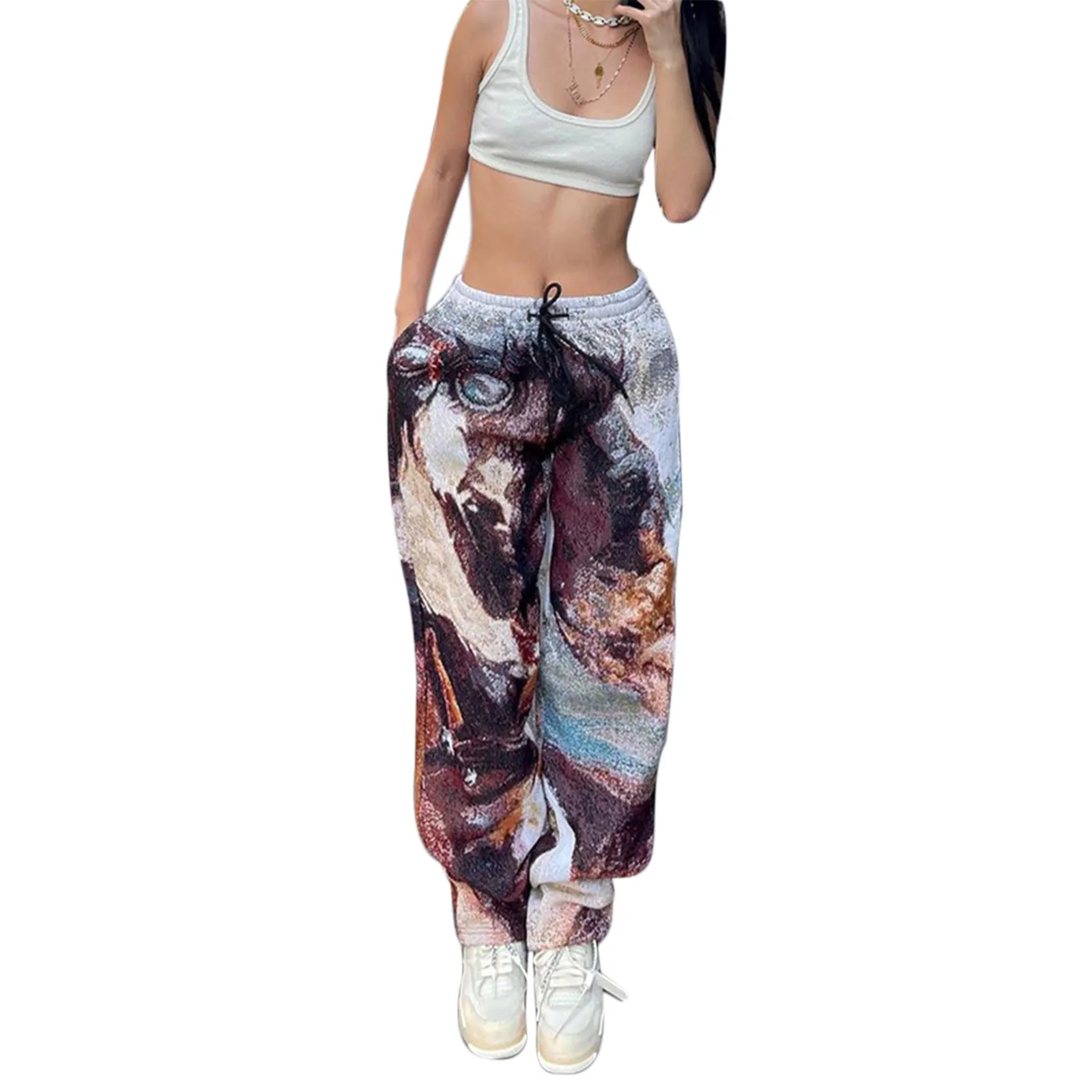 Women Impressionism Print Trousers, Loose Fit Drawstring Straight Long Pants for Spring, Fall 2021 New Fashion Casual 
Women Impressionism Print Trousers, Loose Fit Drawstring Straight Long Pants for Spring, Fall 2021 New Fashion Casual