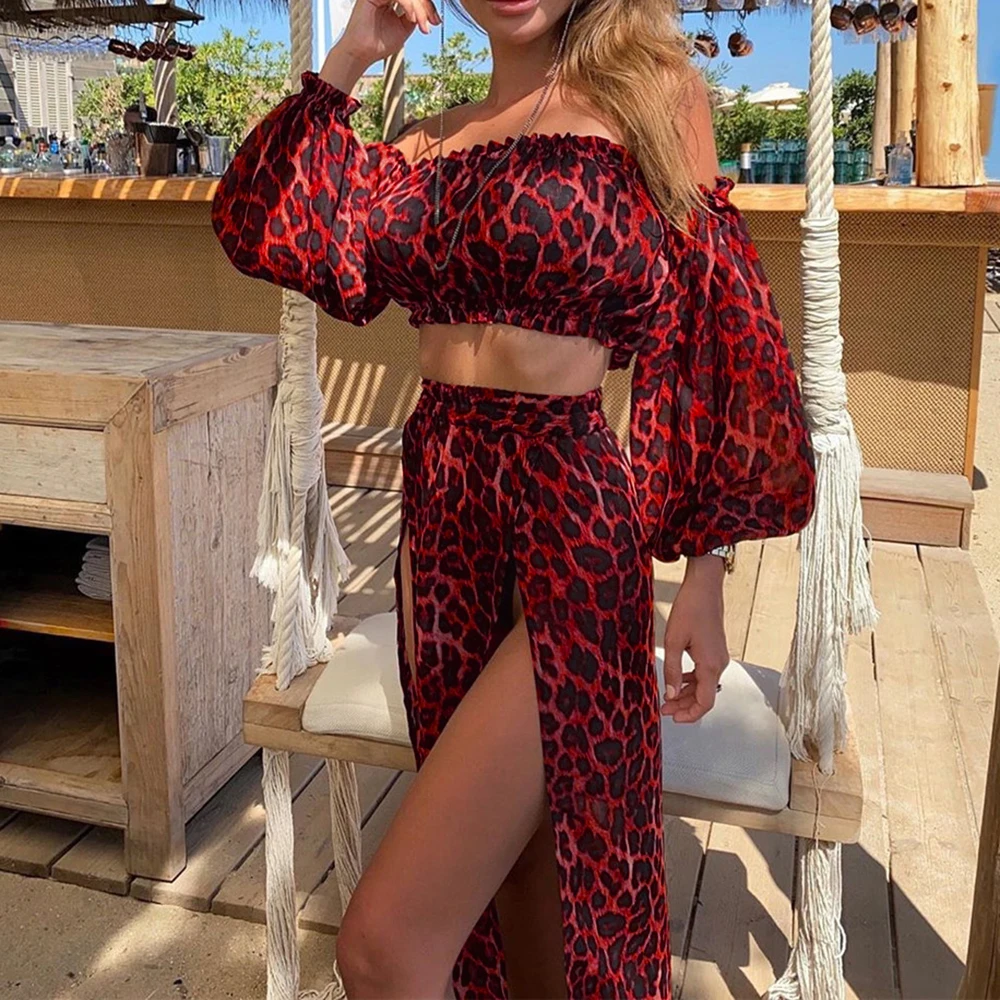 2021 Ladies Sexy Beach Overskirt Set Summer Vacation Women Leopard Print Strapless Puff Sleeve Crop Top+Split Skirt Cover-Ups
2021 Ladies Sexy Beach Overskirt Set Summer Vacation Women Leopard Print Strapless Puff Sleeve Crop Top+Split Skirt Cover-Ups