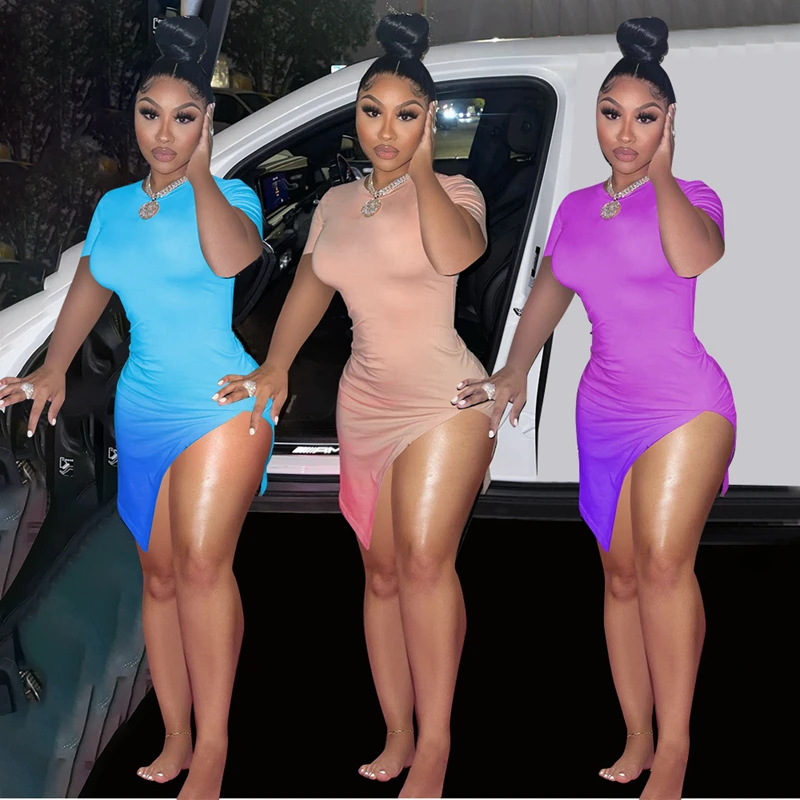 2021 Gradient Color Two Piece Set Short Sleeve Crop Top High Split Bodycon Mini Dresses Summer Sexy party Night Clubwear
2021 Gradient Color Two Piece Set Short Sleeve Crop Top High Split Bodycon Mini Dresses Summer Sexy party Night Clubwear