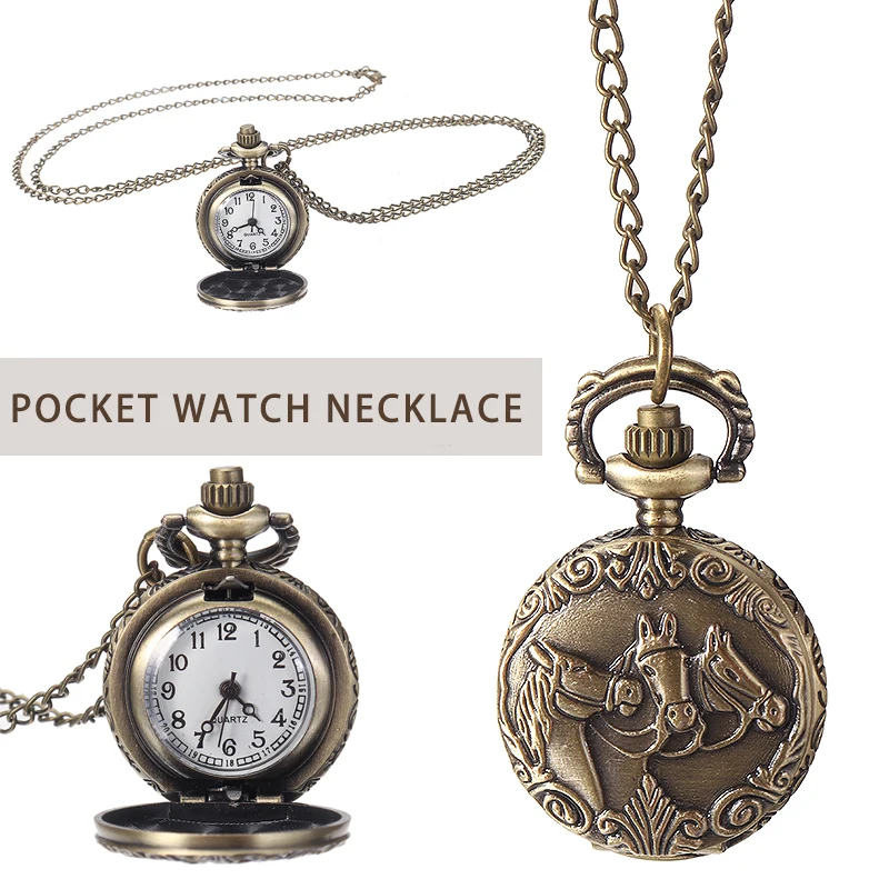 

Shellhard 1pc Retro Bronze 3 Horses Case Engraved Quartz Pocket Watch With Necklace Chain Pendant Jewelry Gift For Birtday