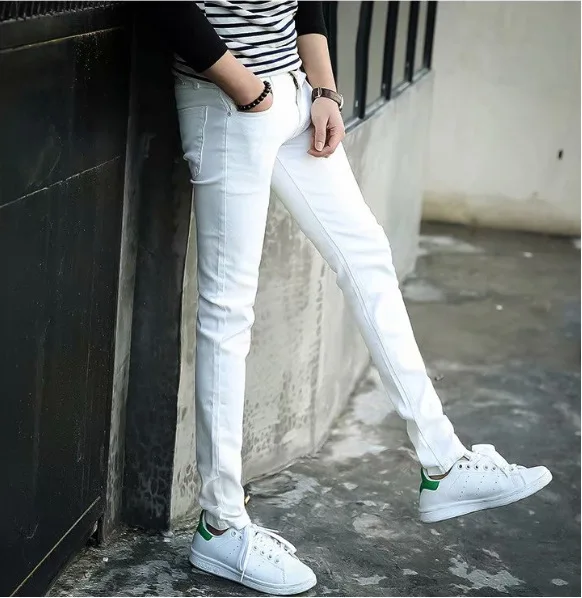 

Man Jeans Pure White Elastic Force Youth Thin Section Self-cultivation Bound Feet Pants Trend Leisure Long Trousers