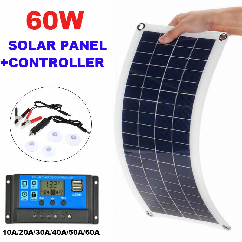 

60W Solar Panel 18V Dual 5V USB Output Solar Cells Poly Solar Panel with 10A/60A Controller for Car Yacht Battery Boat Charger
