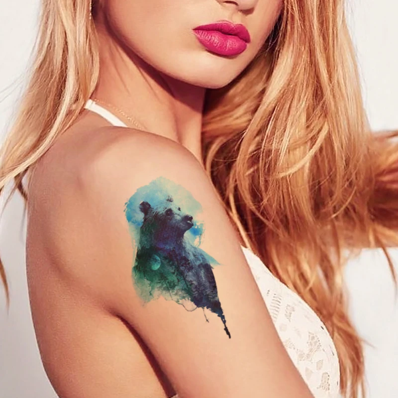Watercolor Bear Forest Temporary Tatoo Arm Waist Decal Chest Kid Women Men Body Art Fake Tattoo Stickers Tatoos Black Realistic | Красота и