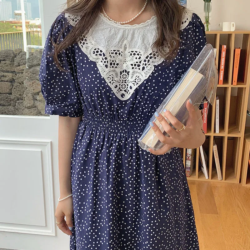 Vintage O Collar Lace Stitching Polka Dot Print Puff Sleeve Midi Dress 2021 Summer New Korean Chic Office Ladies Casual Dresses
Vintage O Collar Lace Stitching Polka Dot Print Puff Sleeve Midi Dress 2021 Summer New Korean Chic Office Ladies Casual Dresses