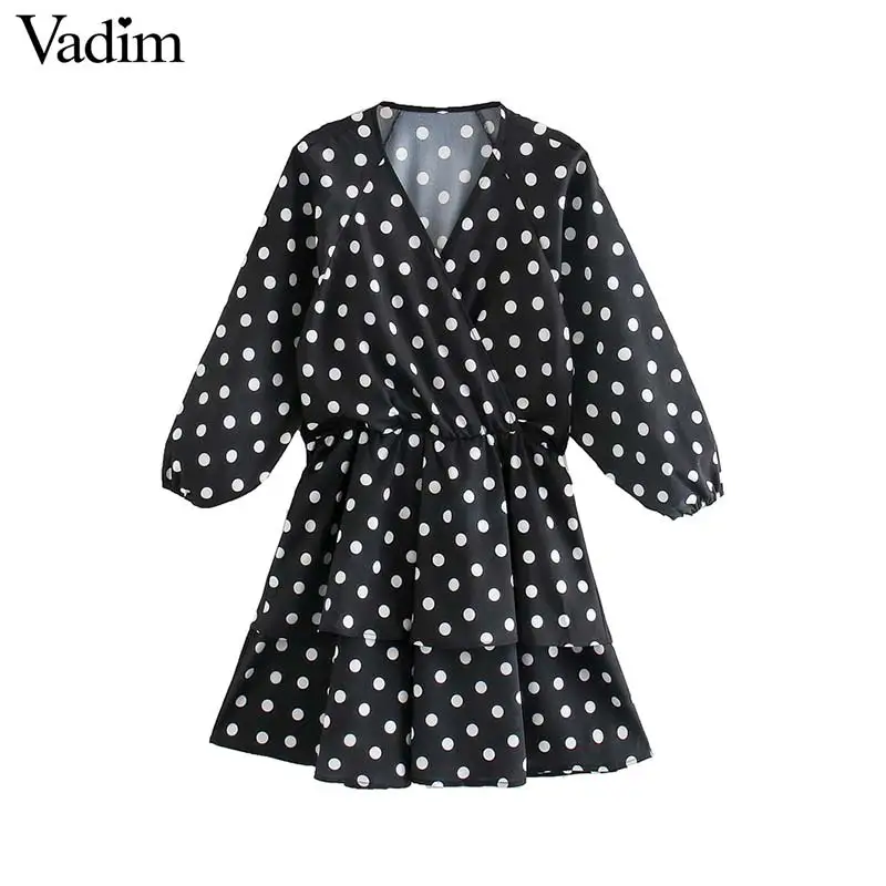 Фото Женское мини платье Vadim черное Повседневное в горошек с v образным вырезом и