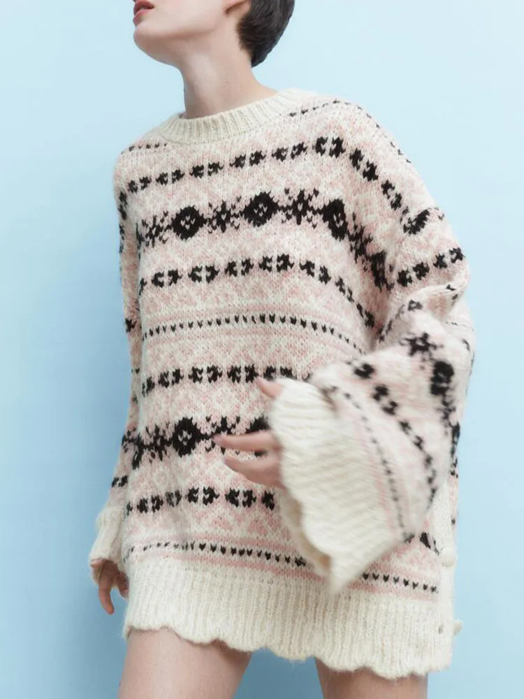 ZA autumn and winter new women's sweet temperament lazy style round neck long sleeves side slit loose knit jacquard sweater
ZA autumn and winter new women's sweet temperament lazy style round neck long sleeves side slit loose knit jacquard sweater