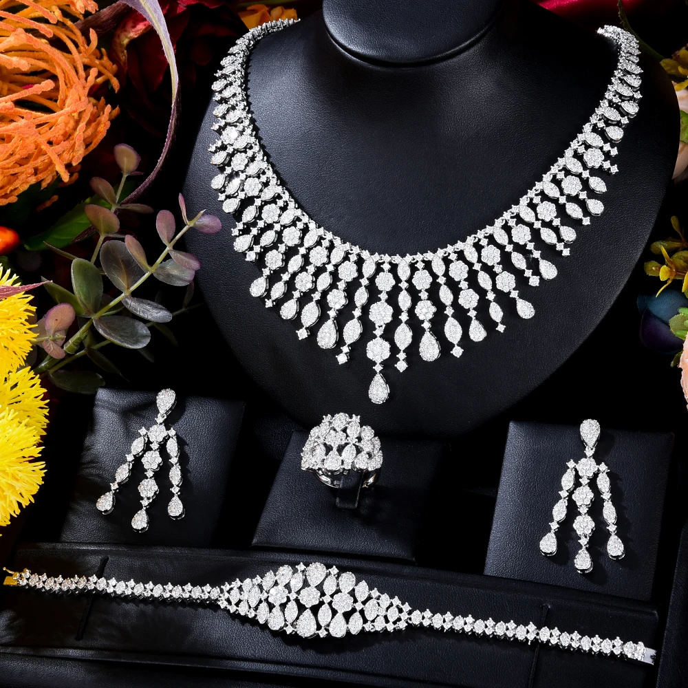 KellyBola New Trendy Luxury Geometric Zirconia Necklace Bracelet Ring Earrings For Women's Wedding African Fashion Jewelry Set
KellyBola New Trendy Luxury Geometric Zirconia Necklace Bracelet Ring Earrings For Women's Wedding African Fashion Jewelry Set