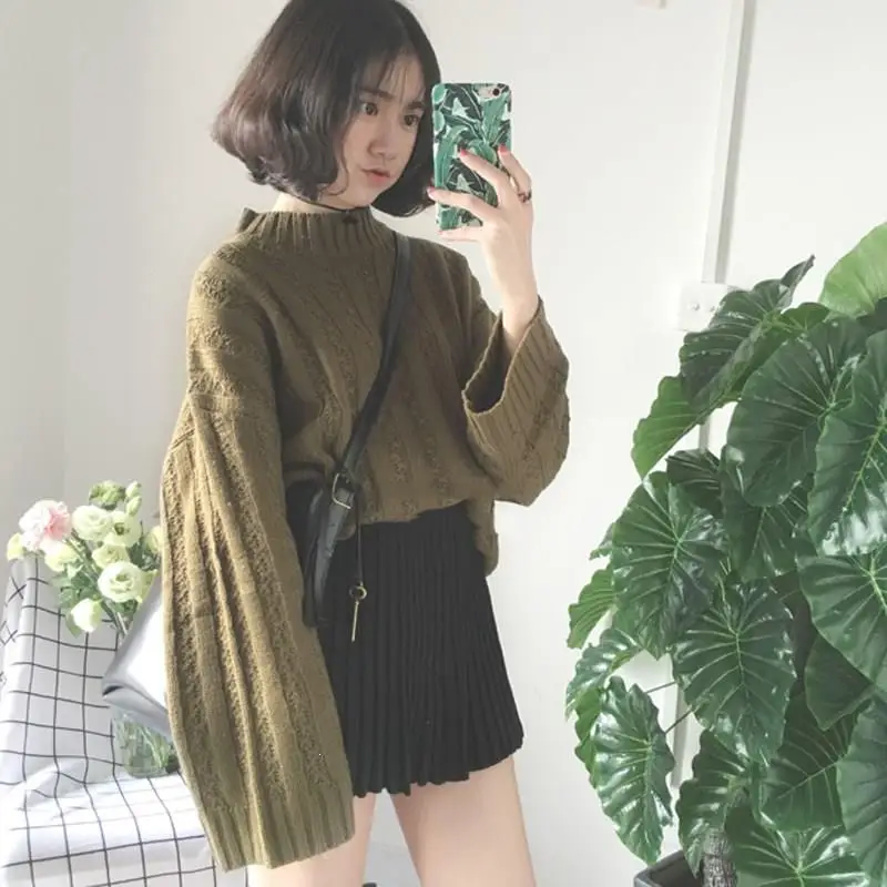 Plus Size Warm Half Turtleneck Sweater Short Women Knitwear Casual Oversized Solid Khaki Knitted Winter | Женская одежда