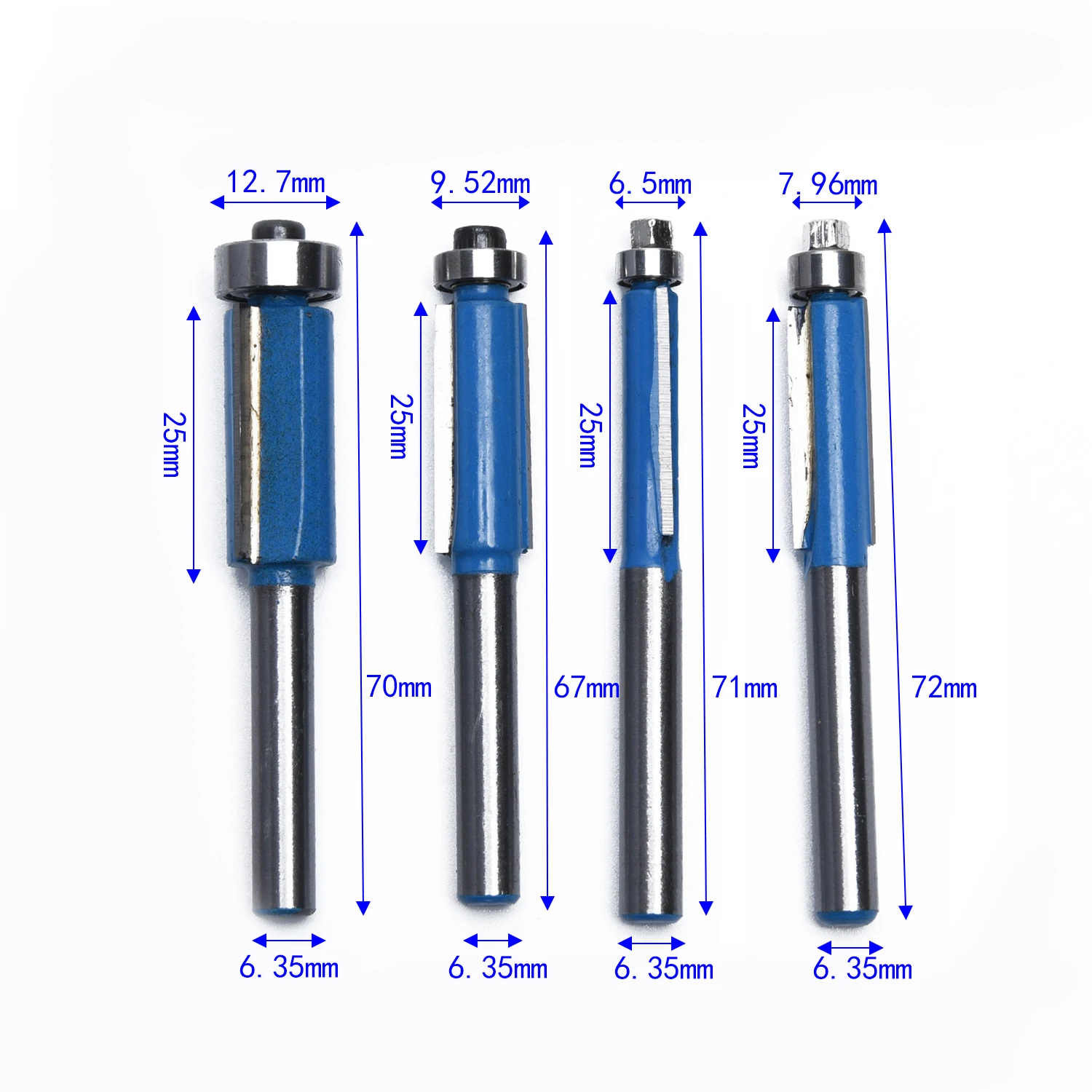 4Pcs/set 1/4" Shank Flush Trim Router Bit Wood Edge Cutting End Dual Flute Bearing Cutter Bit Tools 6.35mm Alloy Steel Blades
4Pcs/set 1/4" Shank Flush Trim Router Bit Wood Edge Cutting End Dual Flute Bearing Cutter Bit Tools 6.35mm Alloy Steel Blades