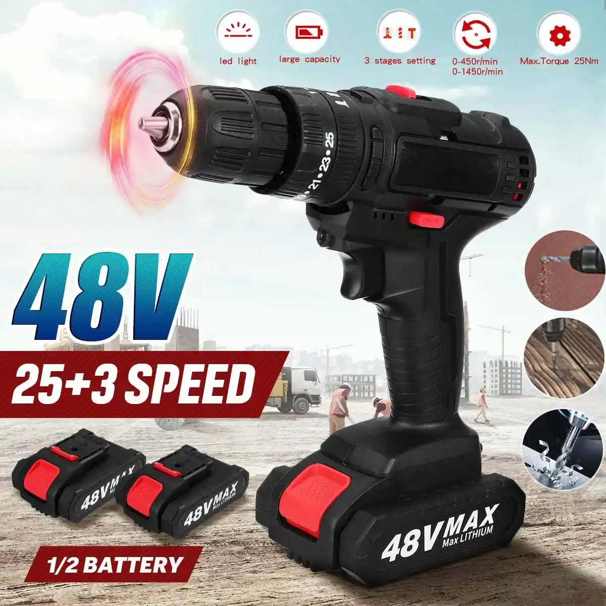 48V Impact Electric Battery Cordless Hand Electric Drill Three Funct Screwdriver Home Power Tools Home Decoration & Drilling
48V Impact Electric Battery Cordless Hand Electric Drill Three Funct Screwdriver Home Power Tools Home Decoration & Drilling