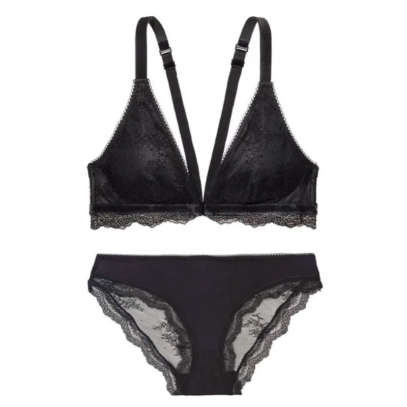 European and American Women's Underwear Deep V Front Button Back Sexy Lace Velvet Edge Triangle Thin Cup Rimless Bra Setlingerie
European and American Women's Underwear Deep V Front Button Back Sexy Lace Velvet Edge Triangle Thin Cup Rimless Bra Setlingerie