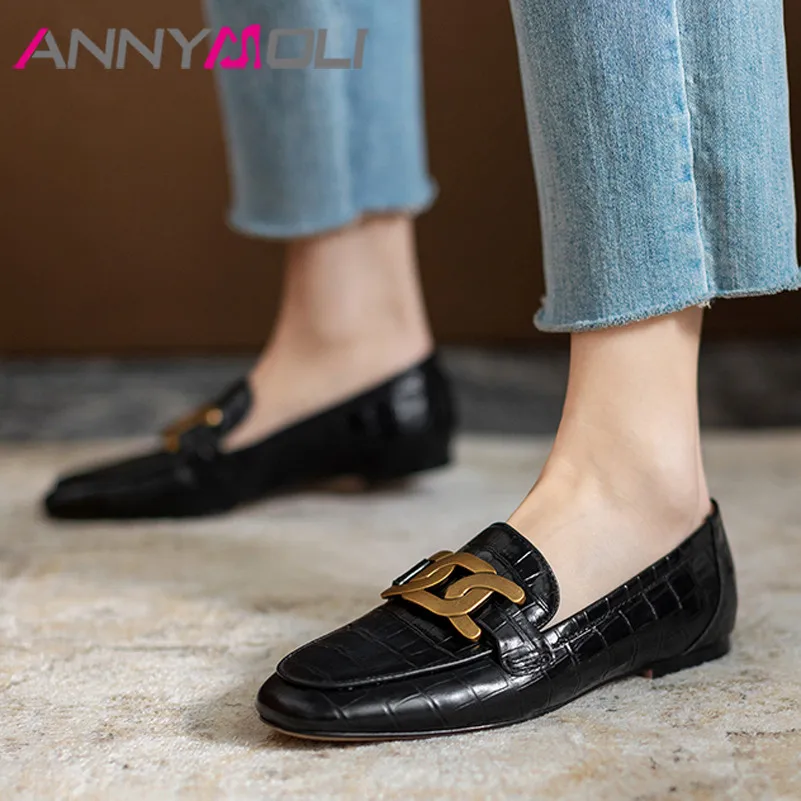 ANNYMOLI Flats Natural Genuine Leather Loafers Shoes Women Metal Decoration Round Toe Flat Shoes Female Footwear Black Size 43
ANNYMOLI Flats Natural Genuine Leather Loafers Shoes Women Metal Decoration Round Toe Flat Shoes Female Footwear Black Size 43