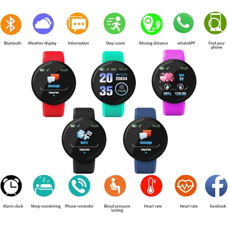 Smart Watch Blood Pressure Heart Rate Monitor Digital Watch Sport Tracker Pedometer Running Watch 1.44inch Point Touch D18
Smart Watch Blood Pressure Heart Rate Monitor Digital Watch Sport Tracker Pedometer Running Watch 1.44inch Point Touch D18