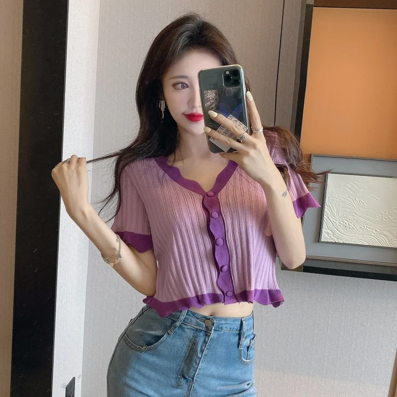 Patchwork Knitted Button Tees Drawstring Summer T Shirts Women Clothing Korean Sweet Style Slim Short Sleeve Ladies Tops Hipster
Patchwork Knitted Button Tees Drawstring Summer T Shirts Women Clothing Korean Sweet Style Slim Short Sleeve Ladies Tops Hipster