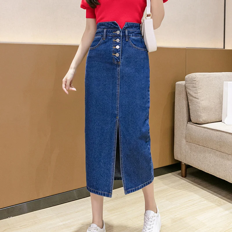 Winter style New Summer High Waist Women Single Breasted Mid-calf Split Vintage A-line Female Streetwear Ladies Denim Blue
Winter style New Summer High Waist Women Single Breasted Mid-calf Split Vintage A-line Female Streetwear Ladies Denim Blue