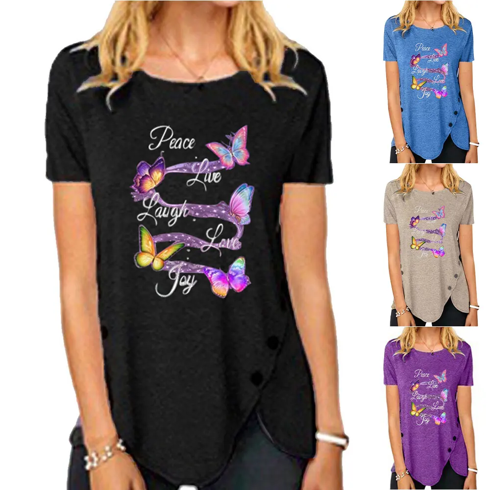 VICABO Women's Irregular Button Round T-shirt Summer O-Neck Short Sleeve Tops Butterfly Printed T-shirt Loose Plue Size
VICABO Women's Irregular Button Round T-shirt Summer O-Neck Short Sleeve Tops Butterfly Printed T-shirt Loose Plue Size