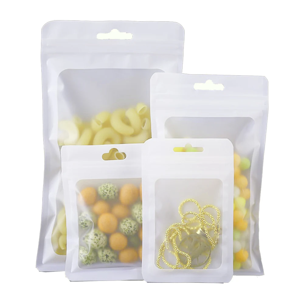100Pcs Matte White Mylar Foil Zip Lock Bag with Hang Hole Clear Plastic Tear Notch Self Seal Reusable Reclosable Food Pouches
100Pcs Matte White Mylar Foil Zip Lock Bag with Hang Hole Clear Plastic Tear Notch Self Seal Reusable Reclosable Food Pouches