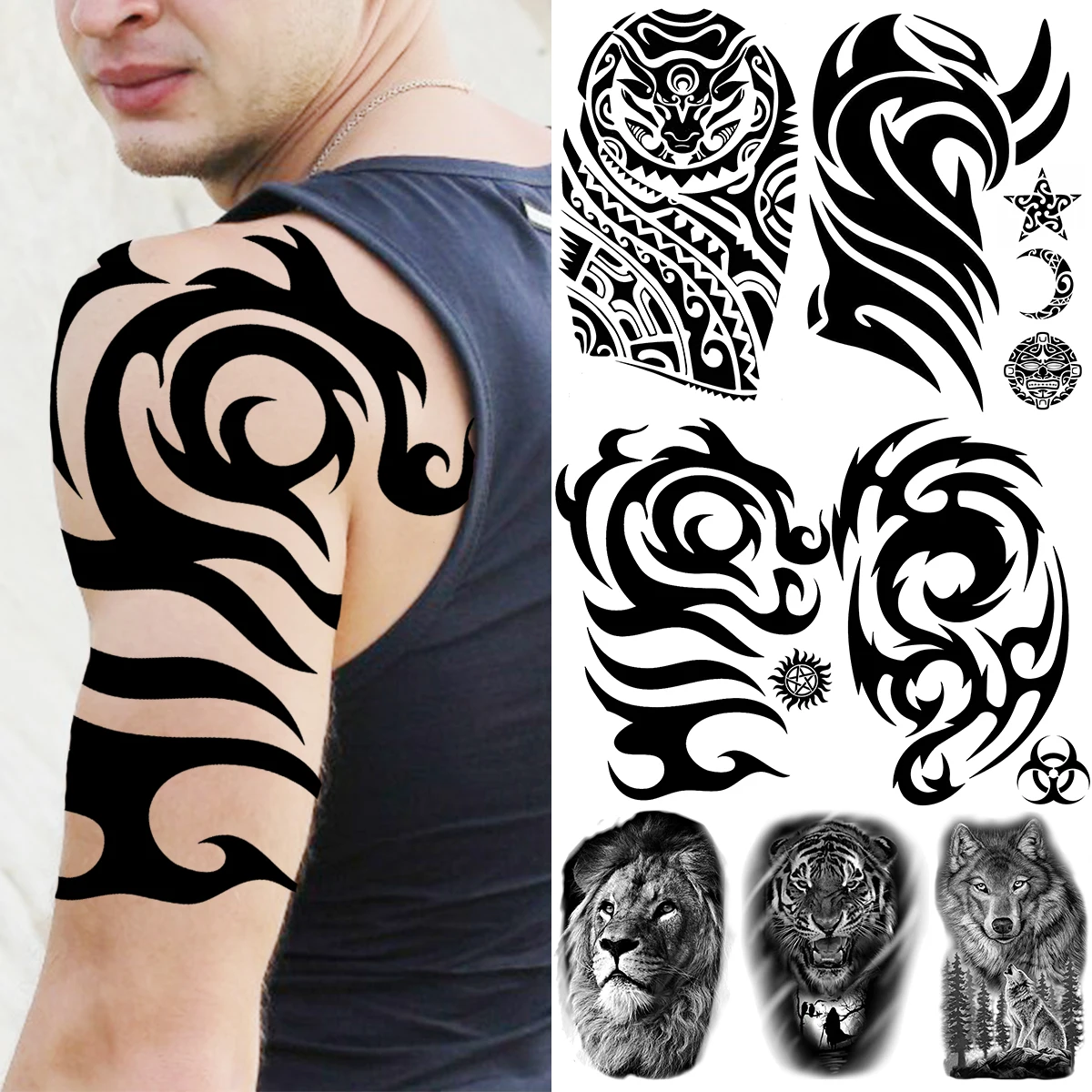 Black Armband Temporary Tattoos For Men Boys Lion Tiger Wolf Totem Fake Tattoo Sticker Waterproof Arm Body Tatoos Maori
Black Armband Temporary Tattoos For Men Boys Lion Tiger Wolf Totem Fake Tattoo Sticker Waterproof Arm Body Tatoos Maori