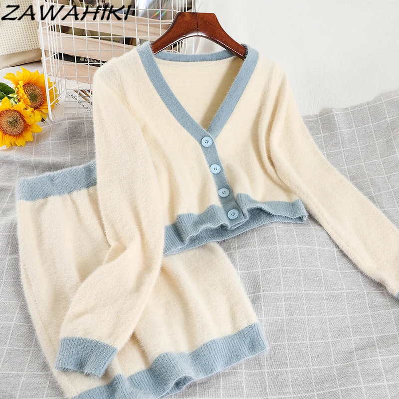 ZAWAHIKI Simple Contrast Color Long Sleeve V Neck Short Knit Sweater Cardigan Bag Hip Mini Skirt Casual Two-piece Suit Female
ZAWAHIKI Simple Contrast Color Long Sleeve V Neck Short Knit Sweater Cardigan Bag Hip Mini Skirt Casual Two-piece Suit Female