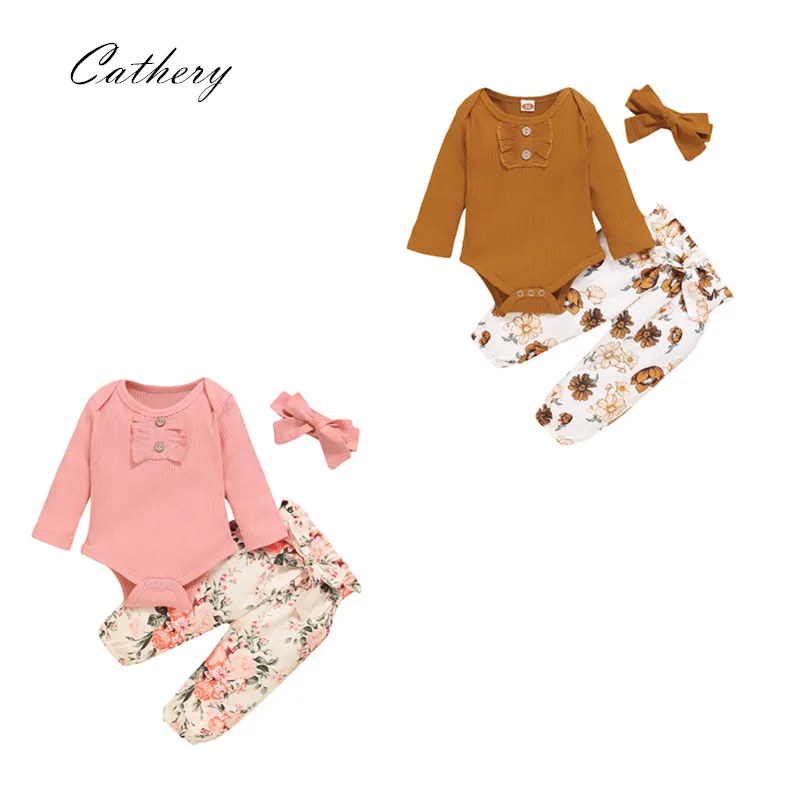Cathery Infant Baby Girls Clothing Solid Color O-Neck Long Sleeved Rompers +Floral Print Tie-Waist Pants+Bow Headband 3Pcs Set
Cathery Infant Baby Girls Clothing Solid Color O-Neck Long Sleeved Rompers +Floral Print Tie-Waist Pants+Bow Headband 3Pcs Set