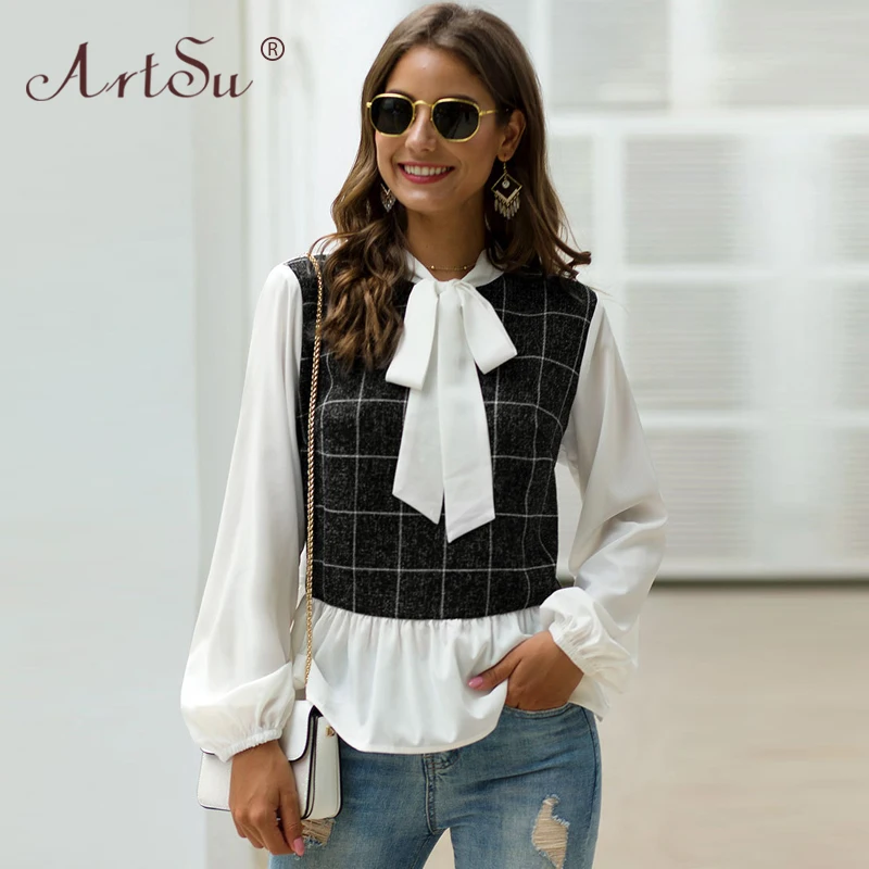 ArtSu Fashion Patchwork Women Work Shirt Tie Neck Bow Black White Plaid Chiffon Office Lady OL Blouse 2019 Spring Autumn Blusas
ArtSu Fashion Patchwork Women Work Shirt Tie Neck Bow Black White Plaid Chiffon Office Lady OL Blouse 2019 Spring Autumn Blusas