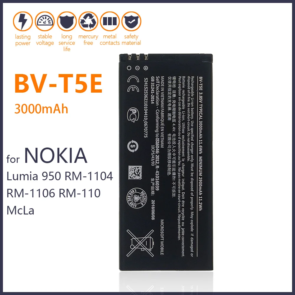 100% Genuine BV-T5E Battery For Nokia Lumia 950 RM-1104 RM-1106 RM-110 McLa BVT5E 3000mAh Mobile Phone In Stock New Batteries
100% Genuine BV-T5E Battery For Nokia Lumia 950 RM-1104 RM-1106 RM-110 McLa BVT5E 3000mAh Mobile Phone In Stock New Batteries