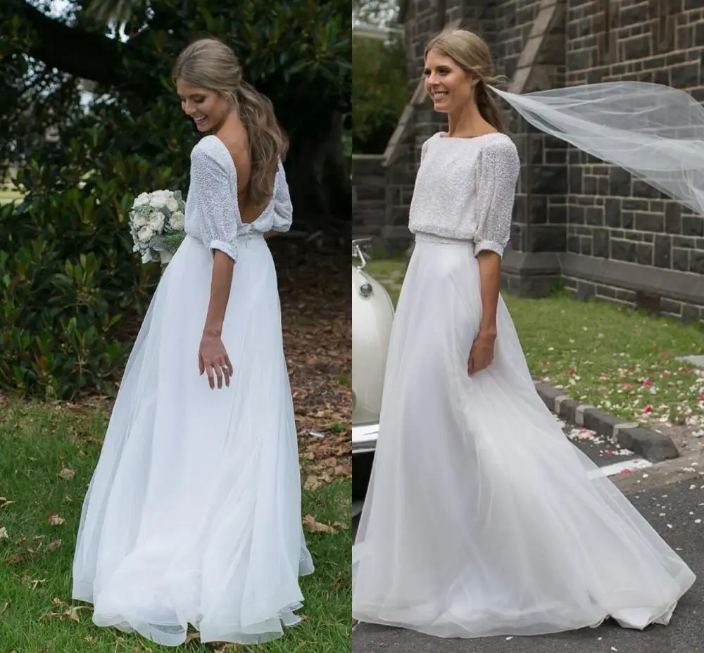 Bohemian Wedding Dresses Bateau Backless Half Sleeve Sweep Train Beads Sequined Garden Country Beach Bridal Gowns robes de marié
Bohemian Wedding Dresses Bateau Backless Half Sleeve Sweep Train Beads Sequined Garden Country Beach Bridal Gowns robes de marié