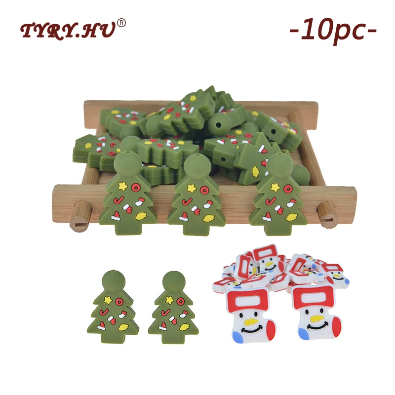 

TYRY.HU 10pc/lot Christmas tree Silicone Bwads BPA Free Baby Nursing Chewable Teething Beads Pacifier Teether DIY Necklace