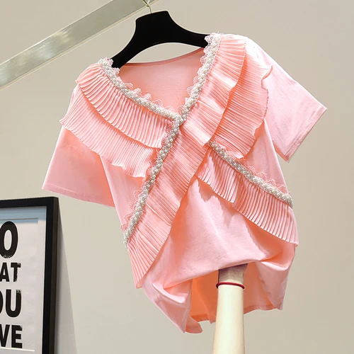 Beads Lace V Collar T Shirt Woman 2021 Summer Korean Style Loose Slimming Chiffon Pleated Patchwork Short Sleeved Cotton Tops
Beads Lace V Collar T Shirt Woman 2021 Summer Korean Style Loose Slimming Chiffon Pleated Patchwork Short Sleeved Cotton Tops