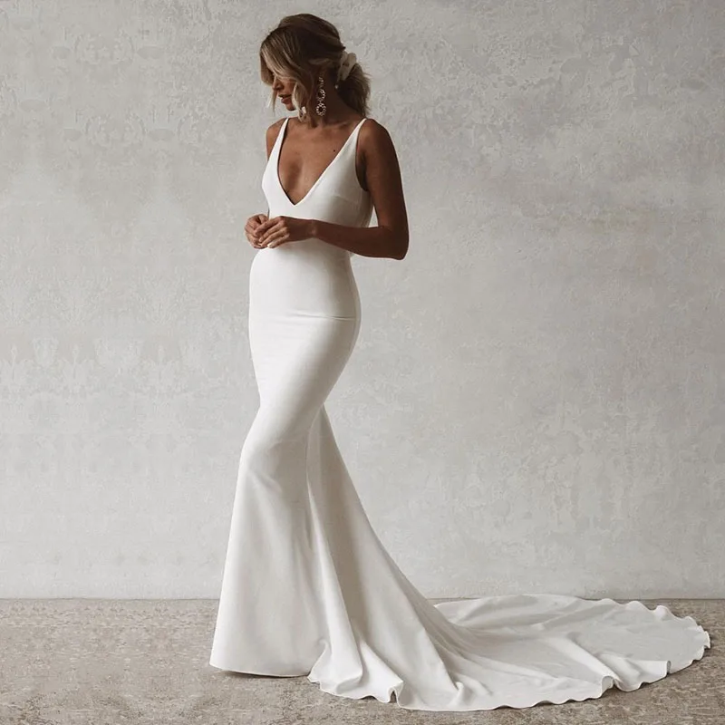 Sexy Boho Wedding Dresses for Women Mermaid 2022 V-Neck Backless Crepe Bohemian Bride Dress Beach Bridal Gowns Robe De Mariee
Sexy Boho Wedding Dresses for Women Mermaid 2022 V-Neck Backless Crepe Bohemian Bride Dress Beach Bridal Gowns Robe De Mariee