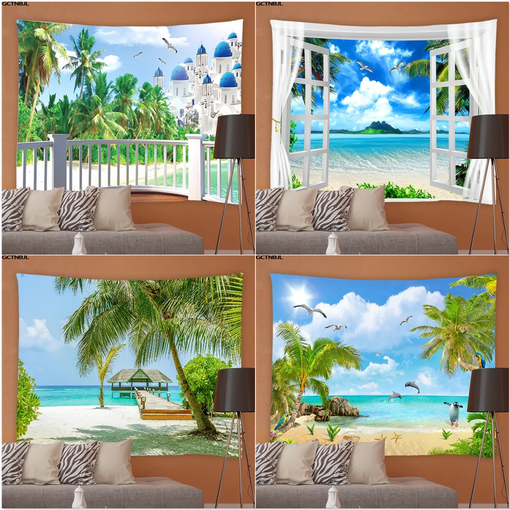 

Summer Sunlight Ocean Scenery Tapestry Sea Beach Landscape Wall Hanging Tapestries Living Room Bedroom Background Decor Cloth