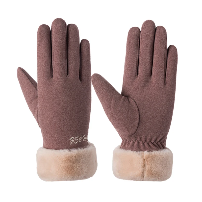 

YD3051 Fashion Women Winter Warm Suede Leather Touch Screen Female Faux Rabit Fur Embroidery Plus velvet thick driving glove