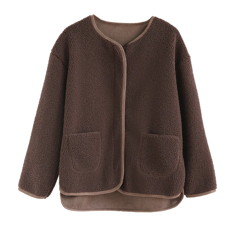 Zoulv Autumn Lamb Coat Collarless Zipper Cardigan Solid Color Loose Short Velvet Light Warm Pocket Small Fragrance Short Jacket
Zoulv Autumn Lamb Coat Collarless Zipper Cardigan Solid Color Loose Short Velvet Light Warm Pocket Small Fragrance Short Jacket