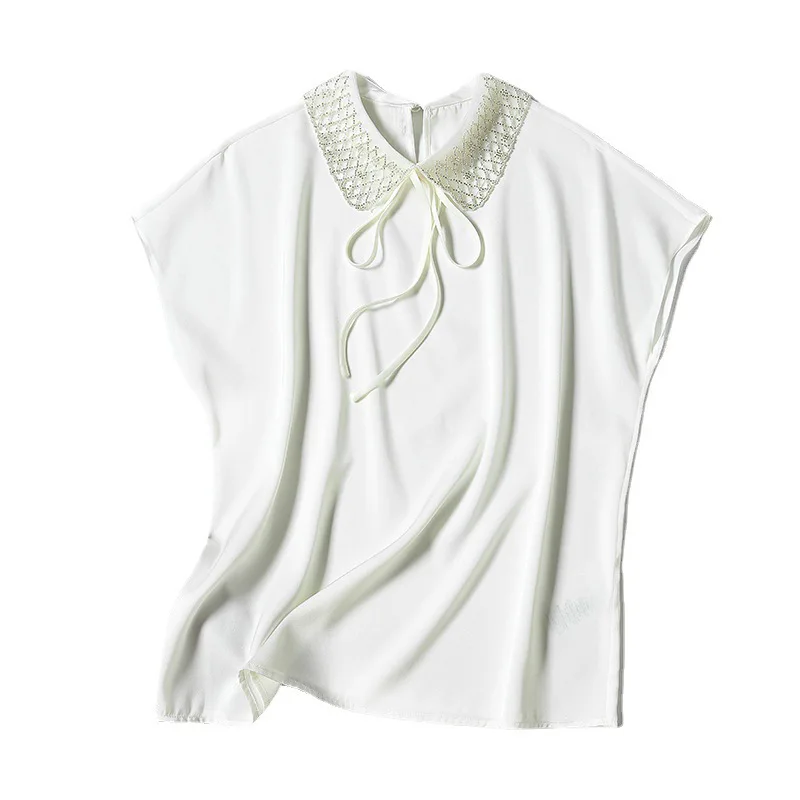 Summer sleeveless solid color round neck bat sleeve silk straight white diamond lace mulberry silk T-shirt female
Summer sleeveless solid color round neck bat sleeve silk straight white diamond lace mulberry silk T-shirt female