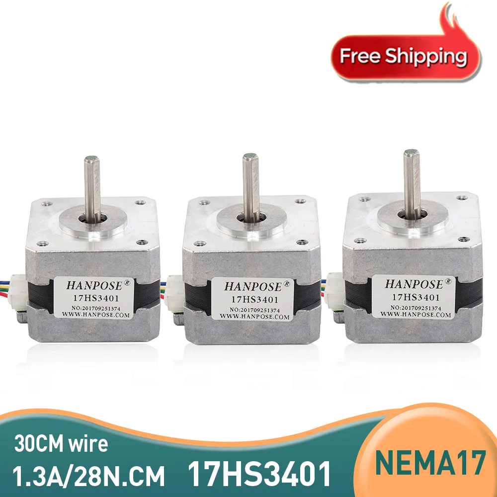 

Free shipping 3pcs Nema 17 Stepper Motor 17HS3401 4-lead 42 motor 42BYGH 28N.CM 1.3A CE ROSH ISO CNC Laser and 3D printer