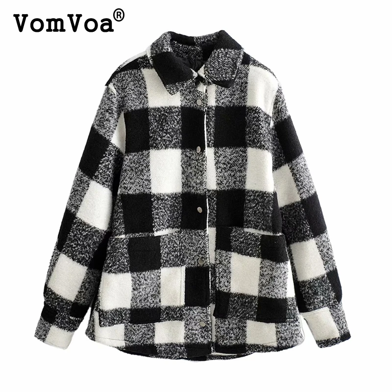 VomVoa Ретро клетчатое шерстяное пальто модное женское черно-белое плотное куртка