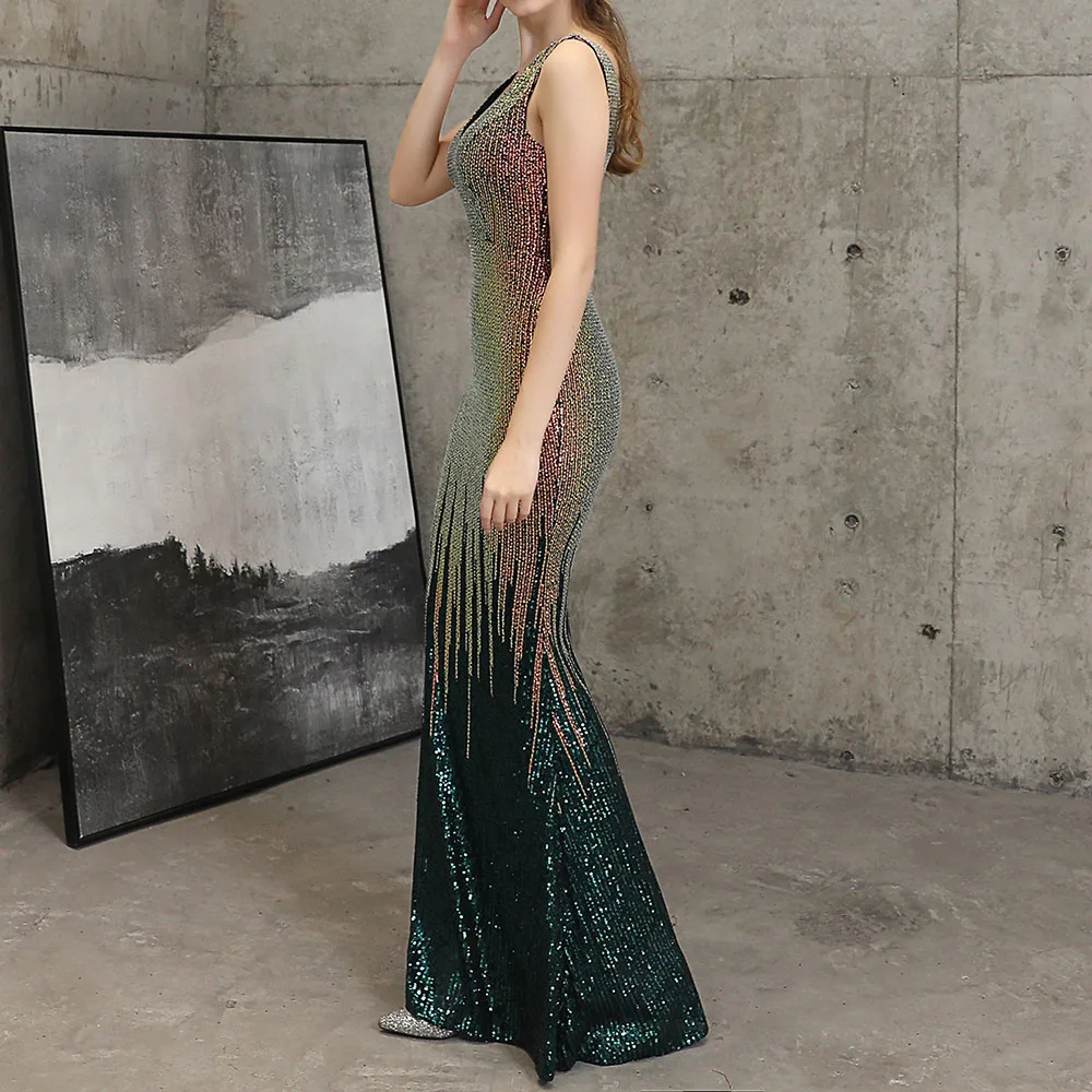 Dark Blue Sparkly Mermaid Evening Dress Women Beading Sleeveless Party Long Dresses V Neck Wedding Formal Gowns Elegant Robe | Свадьбы и