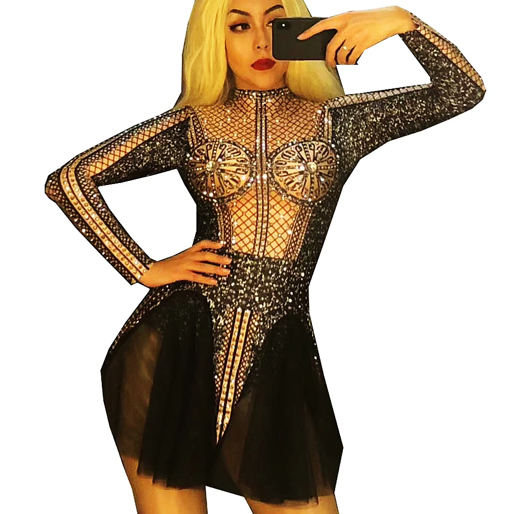 Black Mesh Gauze Plaid Rhinestones Backless Mini Dress Long Sleeve Ladies Nightclub Performance Dance Costume Stage Wear
Black Mesh Gauze Plaid Rhinestones Backless Mini Dress Long Sleeve Ladies Nightclub Performance Dance Costume Stage Wear