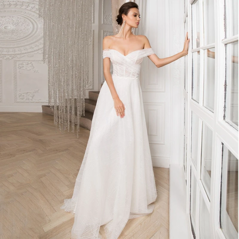 9609#Boho Tulle A-Line Wedding Dress 2021Charming Sweetheart Off the Shoulder Backless Sweep Train Bridal Gwons Vestido De Novia 
9609#Boho Tulle A-Line Wedding Dress 2021Charming Sweetheart Off the Shoulder Backless Sweep Train Bridal Gwons Vestido De Novia