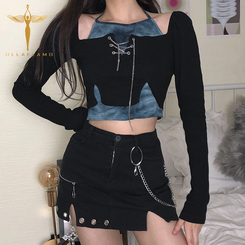 Halter Fake-two T-shirt Long Sleeve Womens Clothes Metal Chain Patchwork Skinny Black Pullover Crop Tops Female Irregular Hollow 
Halter Fake-two T-shirt Long Sleeve Womens Clothes Metal Chain Patchwork Skinny Black Pullover Crop Tops Female Irregular Hollow