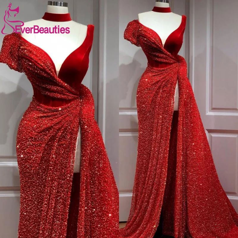 

Red Sequined Glittery Prom Dresses Long Straight High Split Front Evening Dress Formal Party vestido de festa Arabic Formal Wear