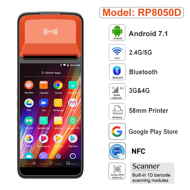 PDA Android 7 1 Bluetooth Термальный чековый принтер 58 мм 4G WiFi мобильный заказ POS терминал NFC