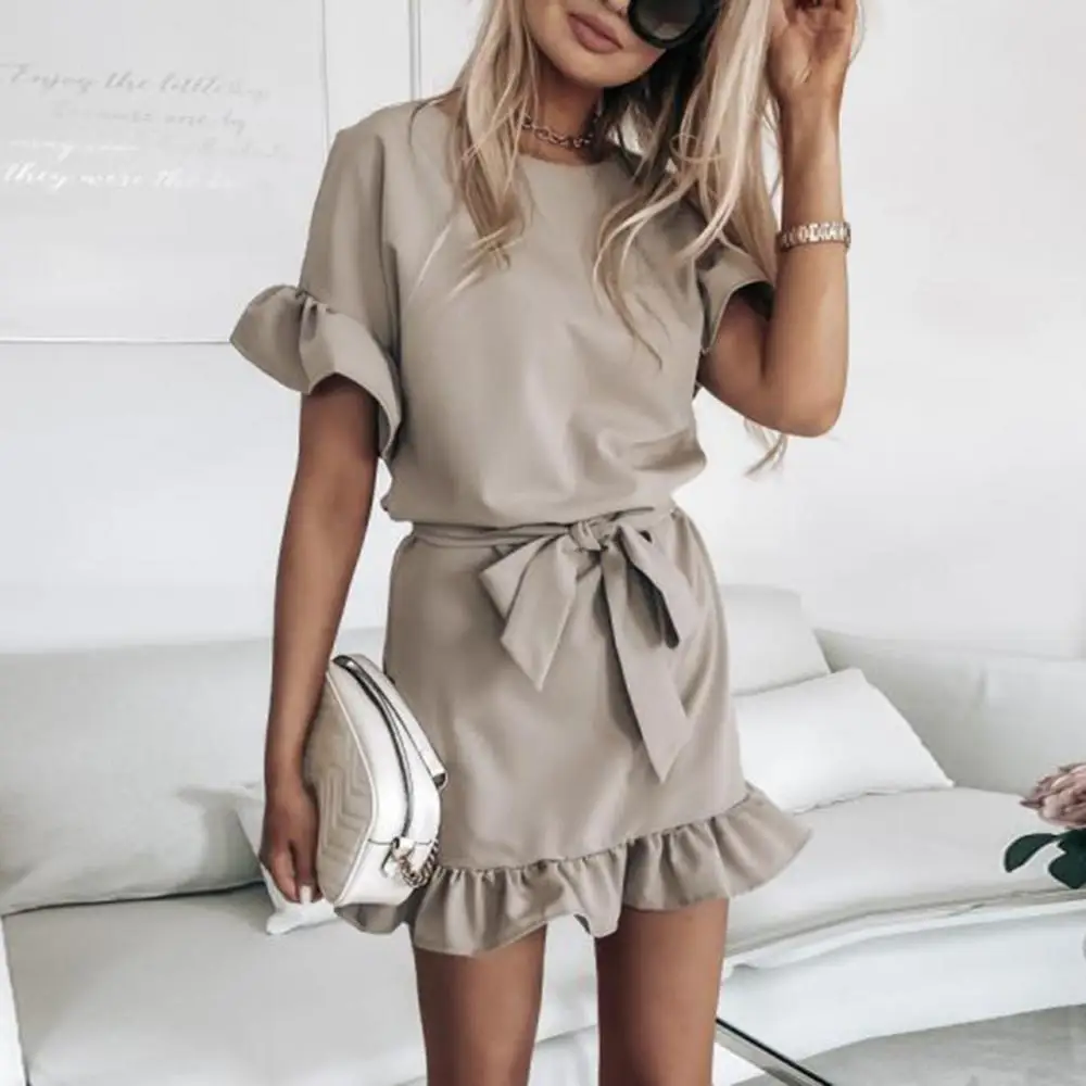 2021 Summer New Women Casual Solid Color O Neck Short Flounced Sleeve Ruffled Hem Belt Party Mini Dress Office Lady Wearing
2021 Summer New Women Casual Solid Color O Neck Short Flounced Sleeve Ruffled Hem Belt Party Mini Dress Office Lady Wearing