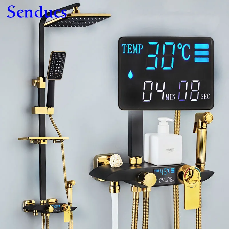 Digital Shower System Senducs Black Gold Thermostatic Bathroom Faucet Quality Copper Bath Bidet for Thermostatic Shower Set
Digital Shower System Senducs Black Gold Thermostatic Bathroom Faucet Quality Copper Bath Bidet for Thermostatic Shower Set