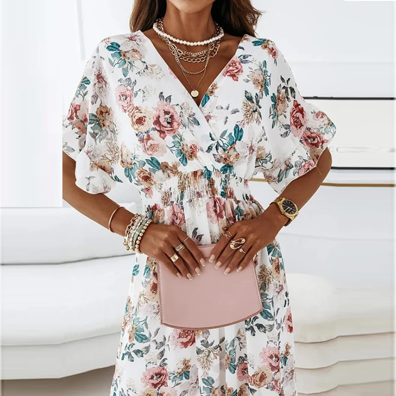 Elegant Women Long Dress 2021 Summer Short Sleeve Floral Print Party Dress Sexy V Neck Ruffle Beach Dress Elastic Waist Vestidos
Elegant Women Long Dress 2021 Summer Short Sleeve Floral Print Party Dress Sexy V Neck Ruffle Beach Dress Elastic Waist Vestidos