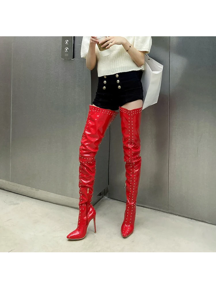 Fashion High Heel Over knee Boots Sexy Thigh High Black Patent Leather Long Boots Women Pointed Toe Rivet Boots Women 2021
Fashion High Heel Over knee Boots Sexy Thigh High Black Patent Leather Long Boots Women Pointed Toe Rivet Boots Women 2021